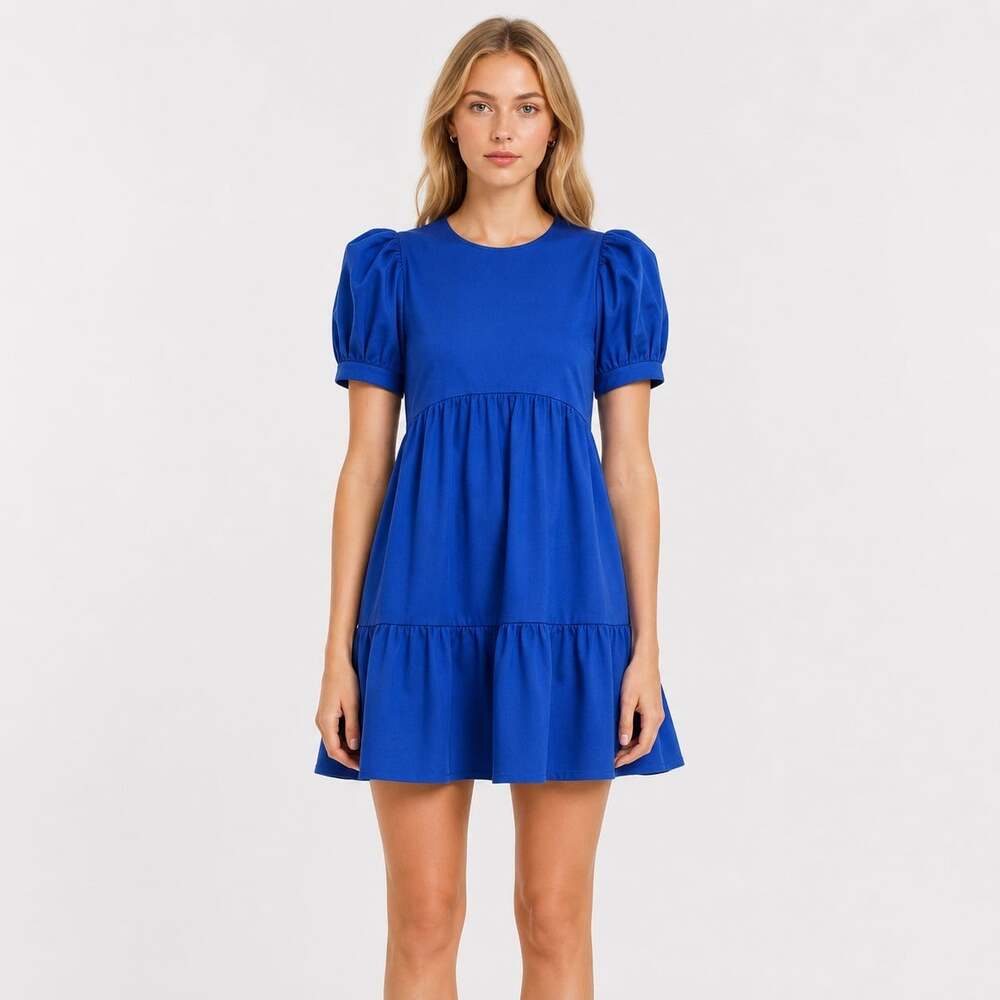 Alice + Olivia Ann Tiered Cobalt Blue Puff Sleeve Mini Dress Size 6 short sleeve